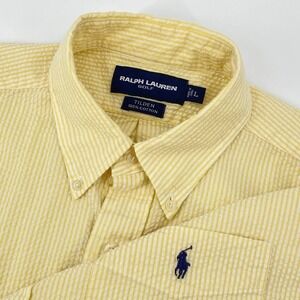 Ralph Lauren Golf Tilden Mens Large Yellow Seersucker Stripe Short Sleeve Shirt
